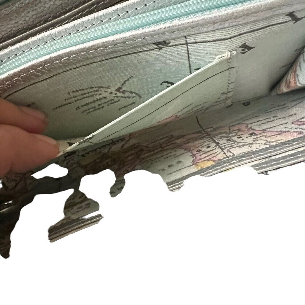 Think Bee Japanese World Map Globe Long Wallet Zip Up Coated Canvas Light Blue - Picture 6 of 16
